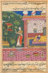 Página de Contos de um papagaio Tuti-nama: Trigésima noite: O papagaio se dirige a Khujasta ..., c. 1560