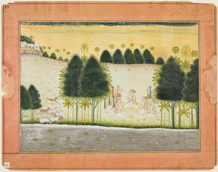 Página de um Bhagavata Purana: Nanda e os anciãos em concílio com as gopas, c. 1690-1700.