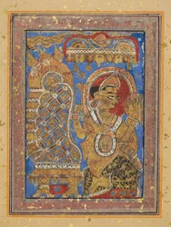 Página de um Kalpa-sutra: Indra prestando homenagem a Mahavira, início do século XVI.