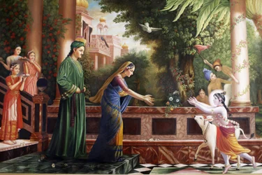 Pintura na Mansão Bhaktivedanta retratando o jovem Krishna correndo para Mother Yasoda e Nanda Maharaj (seus pais adotivos) Watford Grande-Bretagne