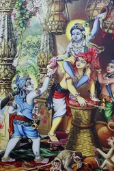 Pintando representando o deus hindu Krishnaas uma criança brincando com seus irmãos. Índia