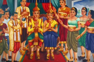 Pintura retratando o rei e a rainha e servos Udong Cambodge