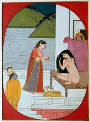 Pintura do deus Khrishna assistindo Radha em seu banho, século 19