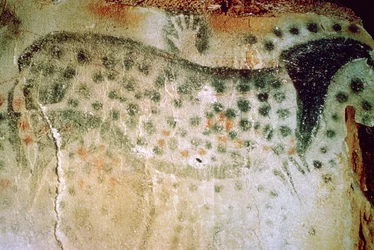 Pintura rupestre paleolítica de um cavalo e mãos humanas da França