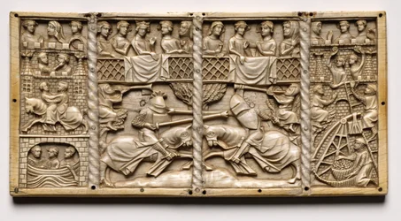 Painel de um caixão com cenas de Courtly Romances, c. 1330-1350 ou posterior.