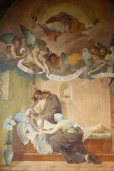 Paris, França Pintura da igreja de Saint-Francois-Xavier: A morte de São José por Henri Pinta (1915), Paris, França