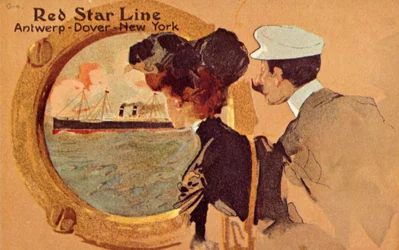 Passageiros olhando pela vigia a bordo de um transatlântico Red Star, c1900.