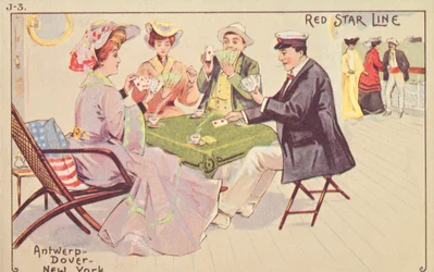 Os passageiros jogam cartas no convés de um navio da Red Star, 1907.