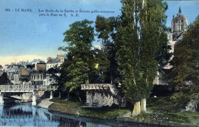 Pays de la Loire, Sarthe (72), Le Mans: as margens do Sarthe e as ruínas romanas de Gallo perto da "ponte X" - Cartão postal do final do século XIX ao século XX
