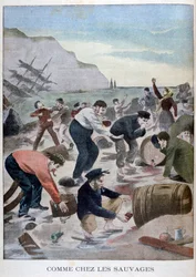 Pessoas resgatando itens de um naufrágio na Ilha de Wright, 1902