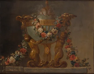 Queimador de perfume suportado por tritões bebés e guarnecido de flores, séc. XVIII.