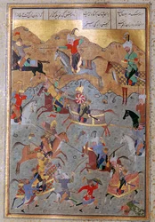 Miniatura persa da batalha entre Alexandre, o Grande e Dario, século XVI