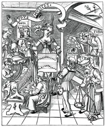 Personificação da música, com auxiliares, poeta e músicos, 1508, 1870