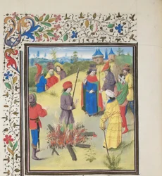 Peter Bartholomew Sofrendo a Provação pelo Fogo. Miniatura da História de William of Tyre, 1460s