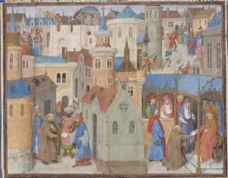 Pedro, o Eremita, ouve o Papa Urbano II no Conselho de Clermont. Miniatura da História de William of Tyre, 1460s