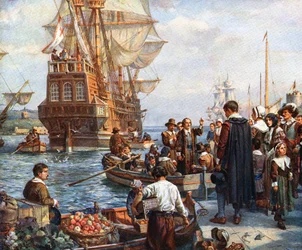 Pais peregrinos embarcando no Mayflower