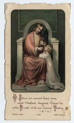 Imagem piedosa: Jesus dá o hospedeiro a uma criança pequena - Imagem dada para uma primeira comunhão em 1931