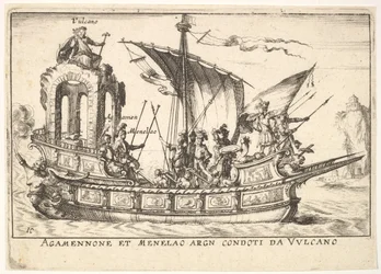 Ilustração 10: Agamenon e Menelau sentados em um barco acompanhado por outras figuras, incluindo V ..., 1664.