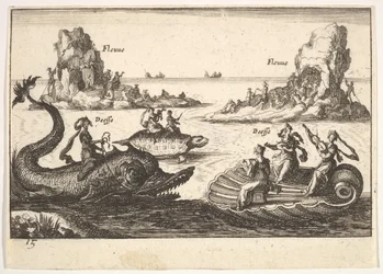 Prancha 15: Rios e deusas, com ilhas flutuantes guiadas por portadores de varas, figuras femininas..., 1664.