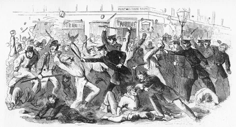 Polícia acusar manifestantes no escritório da tribuna, c1860s