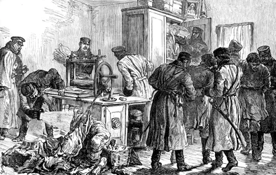Polícia descobrindo uma prensa niilista, São Petersburgo, Rússia, 1887