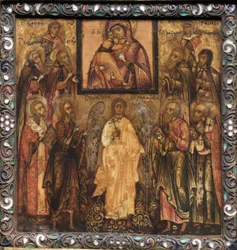 Ícone portátil do tríptico: Adoração ao ícone que faz milagres da Mãe de Deus Vladimir, 1600s.