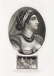 Retrato de Cleópatra (Thea Philopator, 69-30 a.C.), com uma cena que retrata a sua ascensão ao trono do Egipto, rodeada de legionários romanos