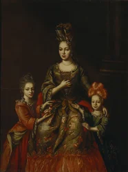 Retrato de Anastasiya Yakovlevna Naryshkina com crianças Alexandra Kirillovna e Tatyana Kirillovna, no início do século XVIII.