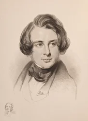 Retrato de Charles Dickens. Esboço da irmã de Dickens Fanny, em baixo à esquerda, 1842.