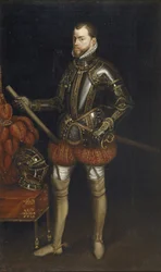 Retrato de Felipe II 1527-1598 em armadura da batalha de Saint Quentin, início do século XVII