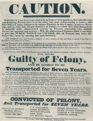 Cartazes advertindo os culpados de juramentos ilegais eram passíveis de deportação, 1834, 1934.