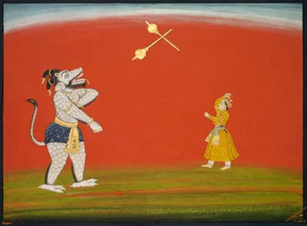 Pradyumna e Samvara lutam com maças: Folha do Grande Basohli Bhagavata Purana, c. 1760-1765