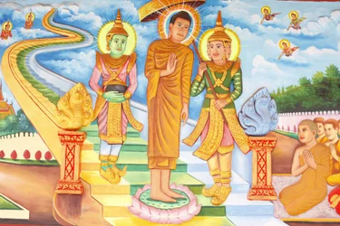 Preah Prom Prom Promessa Mosteiro de RathVida do BudaBuddha visitando o céu, e encontro com os deuses Indra e Brahma, Siem Reap, Camboja