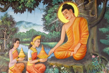 Preah Prom Promessa Mosteiro de RathVida do BudaA RenúnciaUma manhã, uma menina chamada Sujata ofereceu a Siddhartha uma deliciosa papa de arroz e leite, Siem Reap, Camboja