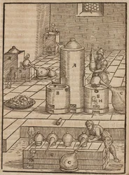 Preparação dos líquidos utilizados para extrair minério de prata do minério de ouro - Gravura tirada de Description des minerais et des principales methodes d