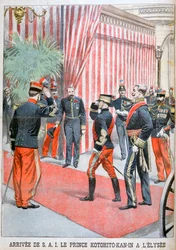 Príncipe Kotohito Kan ao chegar ao Palácio do Eliseu, Paris, 1900