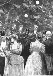 Princesa Alexandra vendendo flores em uma festa realizada em auxílio dos Hospitais de Londres, 23 de julho de 1884,
