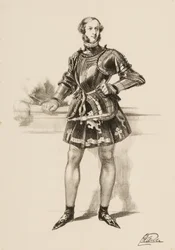 Impressão de William 2º Conde de Craven em trajes usados no Torneio Eglinton de 1839.