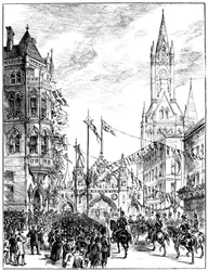 Procissão se aproximando da Câmara Municipal, Manchester, 1887