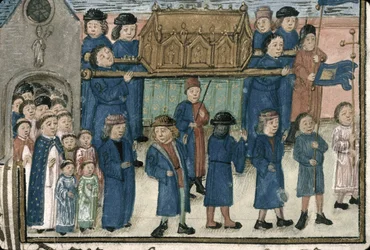 Procissão das relíquias de São Nicolau. Do Livre de la confrérie Saint-Nicolas de..., Fim dos 15