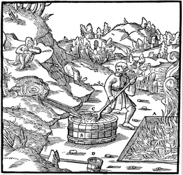 Produção de sal por evaporação de salmoura natural, despejando-o em um poço de carvão queimado, 1556
