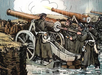 Bateria de artilharia prussiana em ação, guerra franco-prussiana, 1870-1871