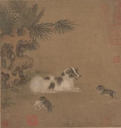 Cachorrinhos brincando ao lado de uma palmeira e pedra de jardim, século XV.