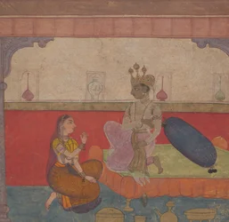 Radha fala com Krishna: Página do Boston Rasikapriya Amantes Breviary, ca. 1610