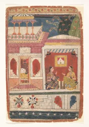 Radha e seu confidente sentam-se em uma sala aberta: Página de um Rasikapriya Disperso, ca. 1680-90.