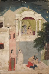 Radha e Krishna sentados na varanda, c. 1760