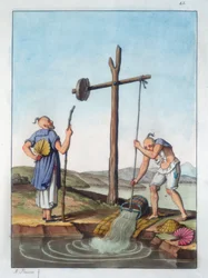 Levantando água por meio de um shaduf, China, 1825-1835