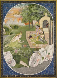 Rama, Sita e Lakshmana na Floresta, página dos Contos de Deus Ramayana Rama, c. 1830
