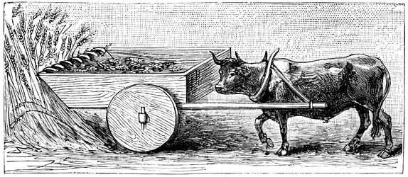 Reconstrução da máquina de colheita usada na Gália nos tempos romanos antigos, conforme descrito por Plínio, c1890
