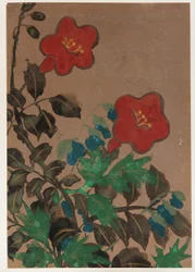 Flores e folhagens vermelhas e azuis, período Edo, 1615-1868.